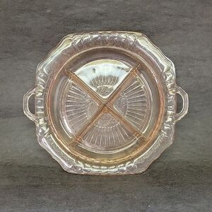 Mayfair Open Rose Pink Depression Glass Divided Bowl 2-Handled 10”